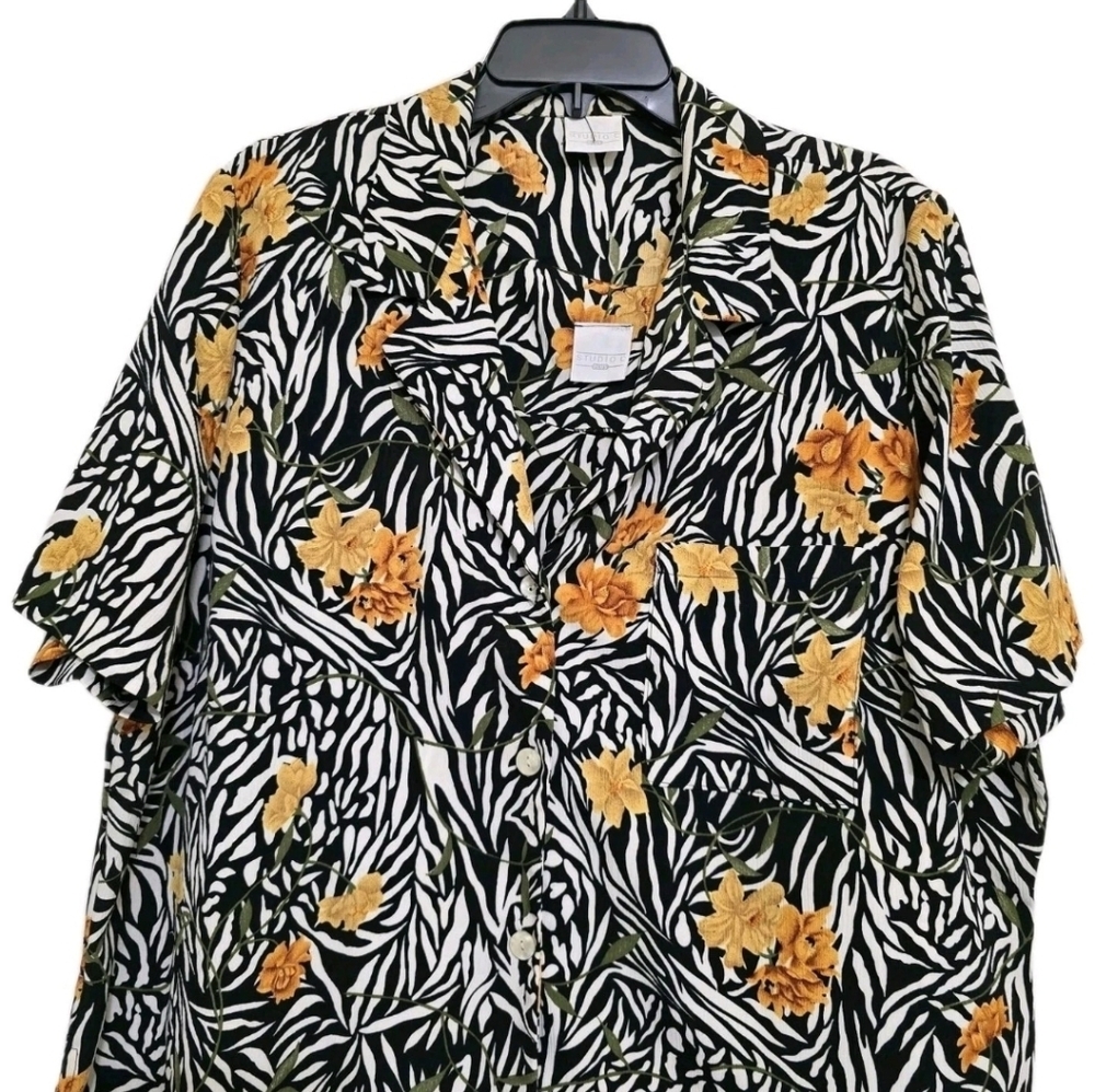 vintage STUDIO C size 2X Tropical 2 Piece Short Sleeve Jacket Dress Black‎ White